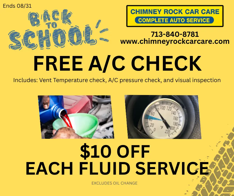August 2026 auto repair specials at Chimney Rock Car Care featuring a free A/C check and $10 off each fluid service in Houston, TX.
