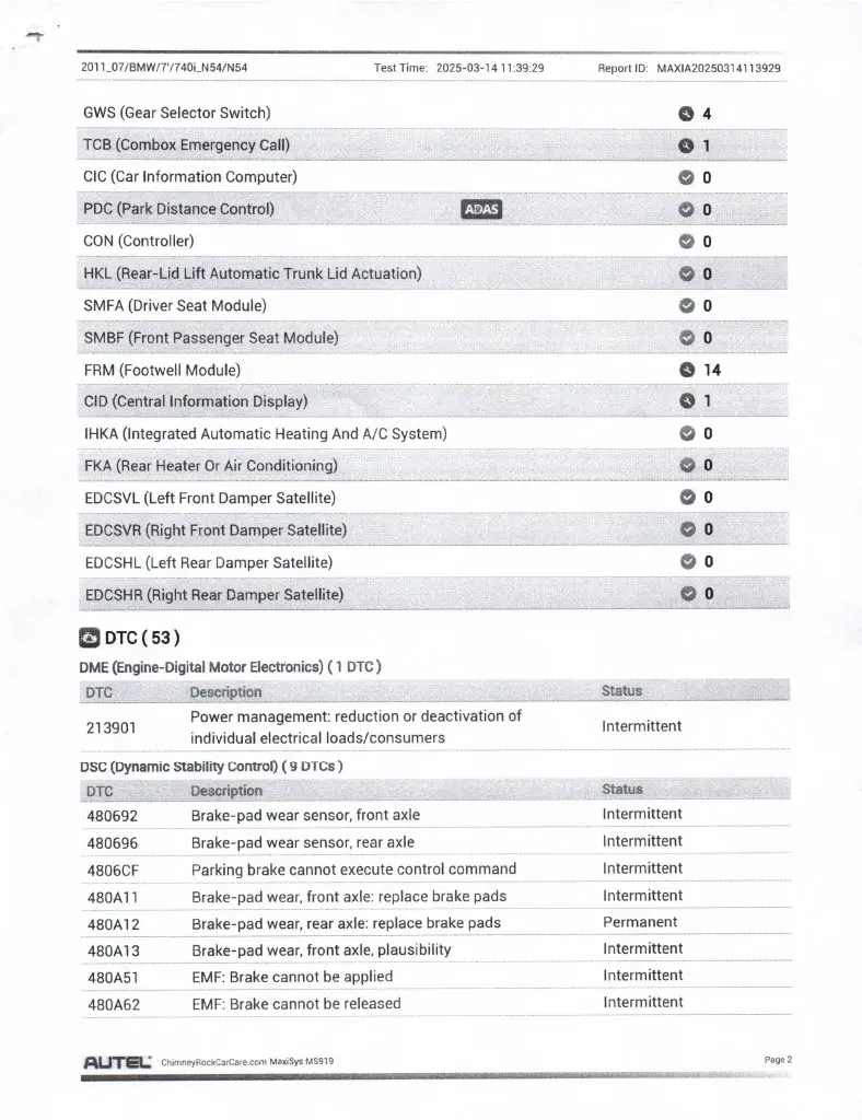 Professional scan tool report used for check engine light diagnostics in Houston
