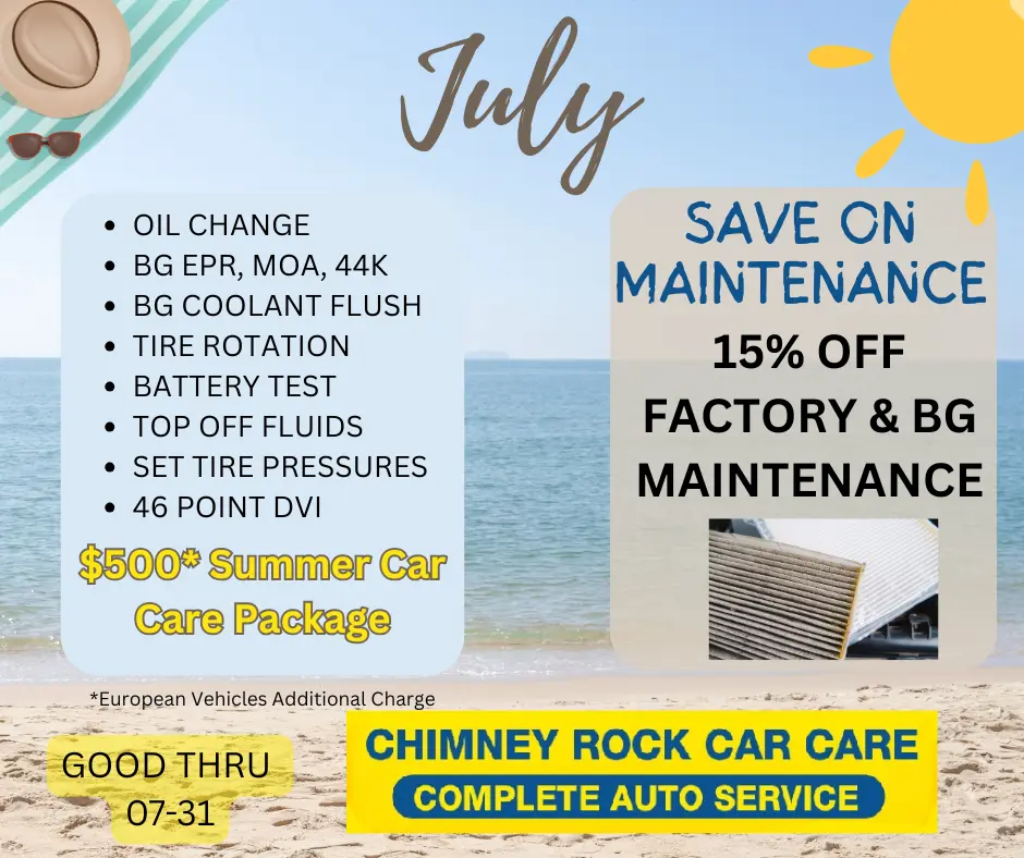 July auto repair savings at Chimney Rock Car Care in Houston, including maintenance and A/C repair specials.