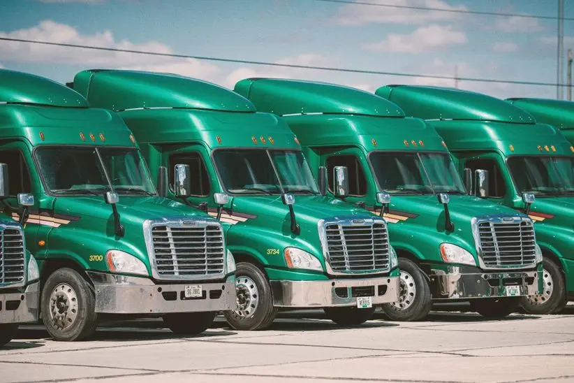 Green commercial trucks lined up in a row, showcasing their readiness for DOT inspections and compliance checks.