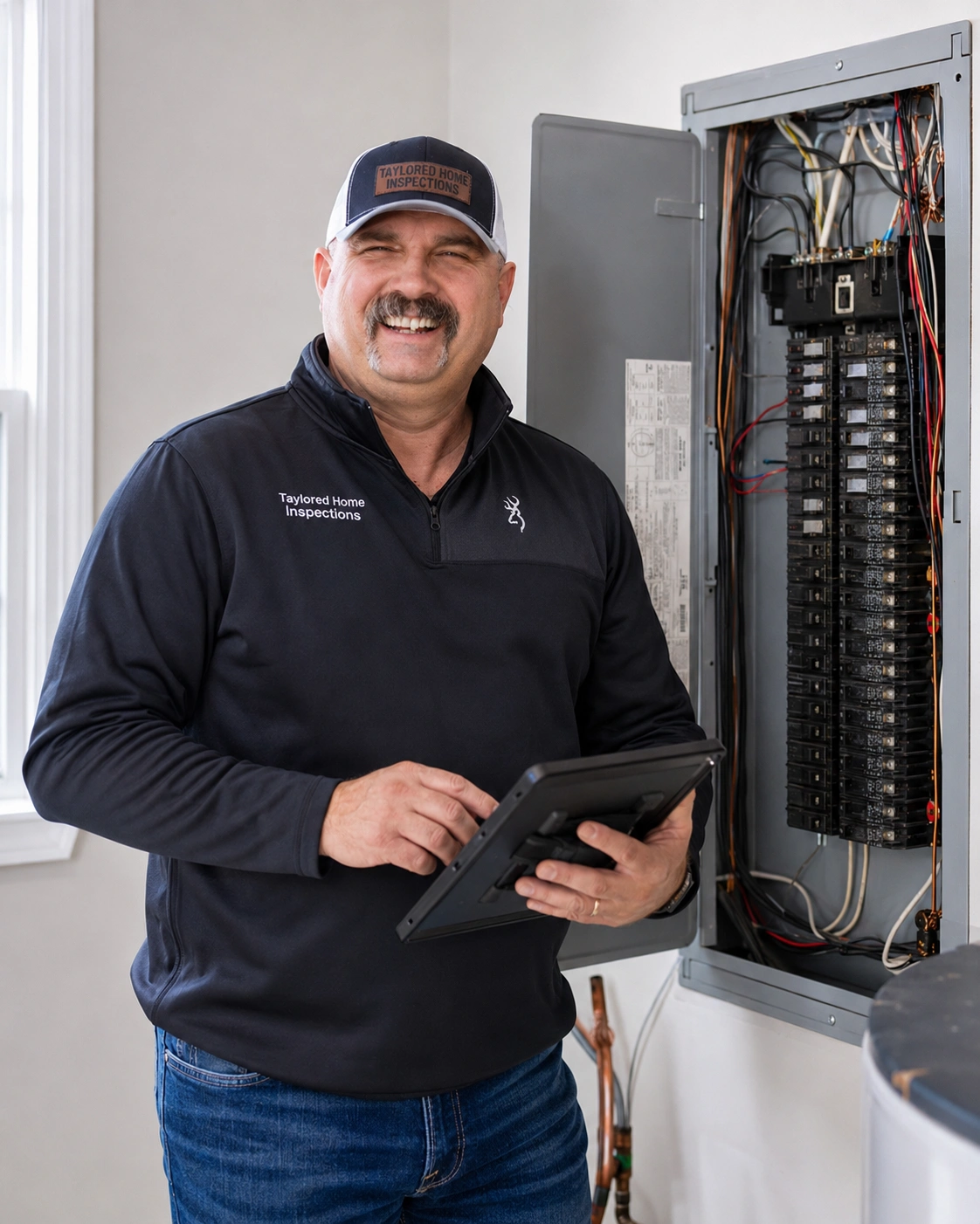 DJ Taylor inspecting an electrical panel during a residential home inspection
