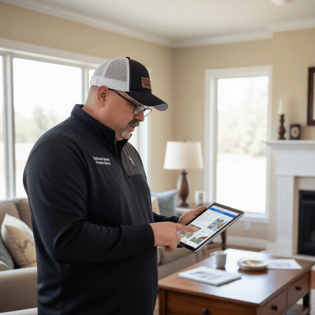 dj-taylor-reviewing-home-inspection-report DJ Taylor reviewing a residential home inspection report on a tablet