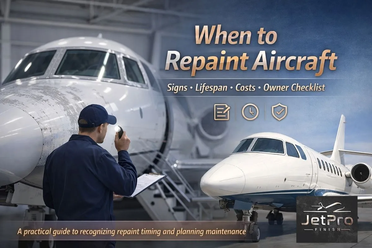 When Is It Time to Repaint Your Aircraft When to Repaint Aircraft Guide showing aircraft inspection in a hangar