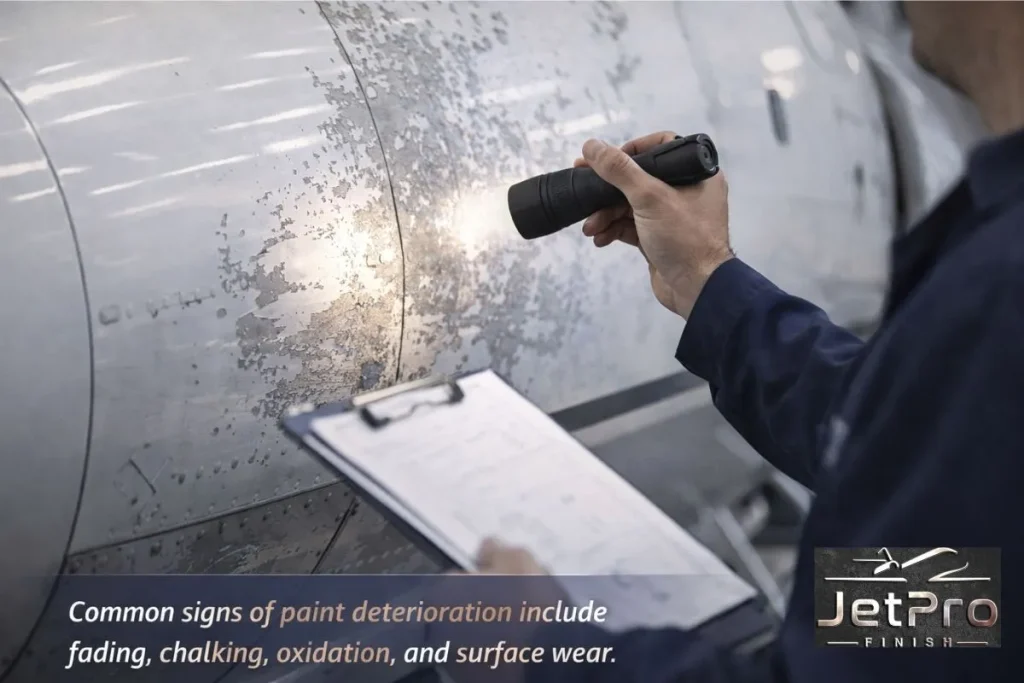 When to Repaint Aircraft Guide example showing close-up inspection of paint deterioration