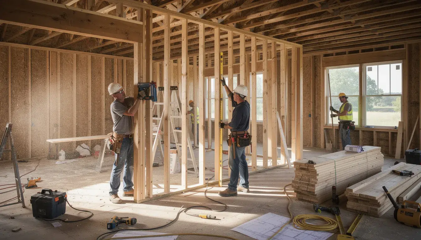 A team of construction workers is framing interior walls of a house currently undergoing renovation, showcasing the process of property restoration. Their skilled efforts aim to repair structural damage and restore the residential property to its original condition.