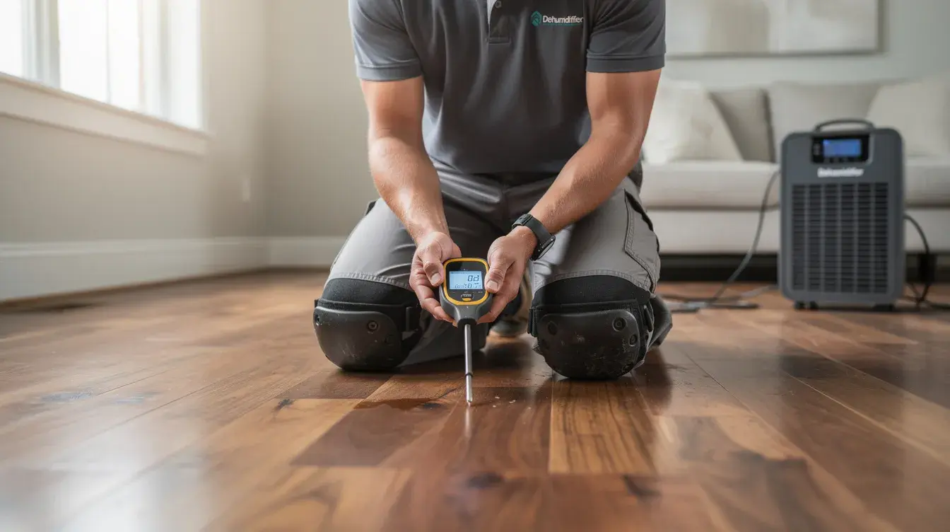 A professional technician is using moisture detection equipment, such as moisture meters and thermal imaging, to assess water damage on hardwood floors. This process is crucial for identifying moisture levels and preventing mold growth after incidents like flooding or plumbing failures.