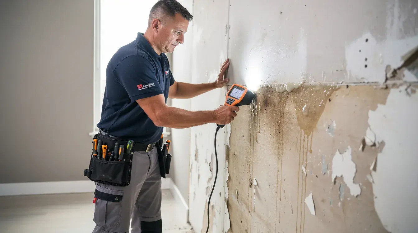A professional restoration technician is using specialized moisture detection equipment to assess a water-damaged wall, looking for visible signs of mold growth and structural damage. This crucial step in the water damage restoration process aims to identify affected areas and prevent further damage to the home's structure.