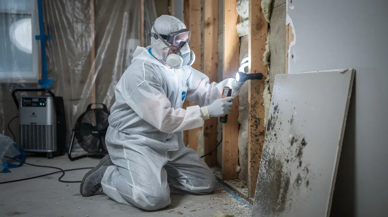 A restoration technician in protective gear examines a wall cavity for hidden moisture and mold, ensuring proper mold remediation to prevent further damage after severe storms. The inspection is crucial for maintaining indoor air quality and addressing potential health risks associated with water damage.