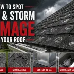 Hail and storm damage on an asphalt shingle roof showing bruised shingles, granule loss, metal dents, and gutter debris