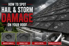 Hail and storm damage on an asphalt shingle roof showing bruised shingles, granule loss, metal dents, and gutter debris