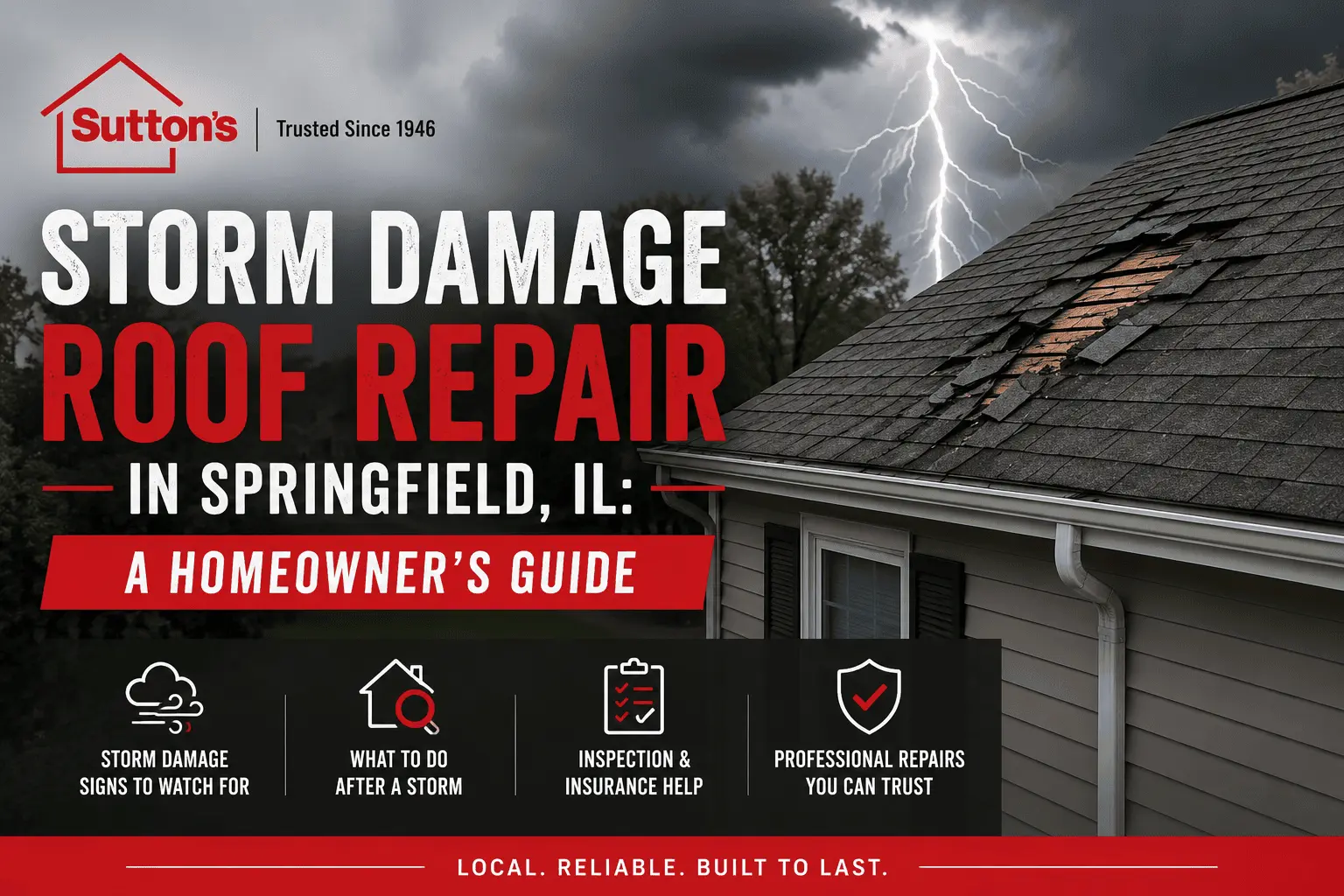 Storm-damaged asphalt roof on a Springfield, Illinois home after severe weather