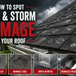 Hail and storm damage on an asphalt shingle roof showing bruised shingles, granule loss, metal dents, and gutter debris
