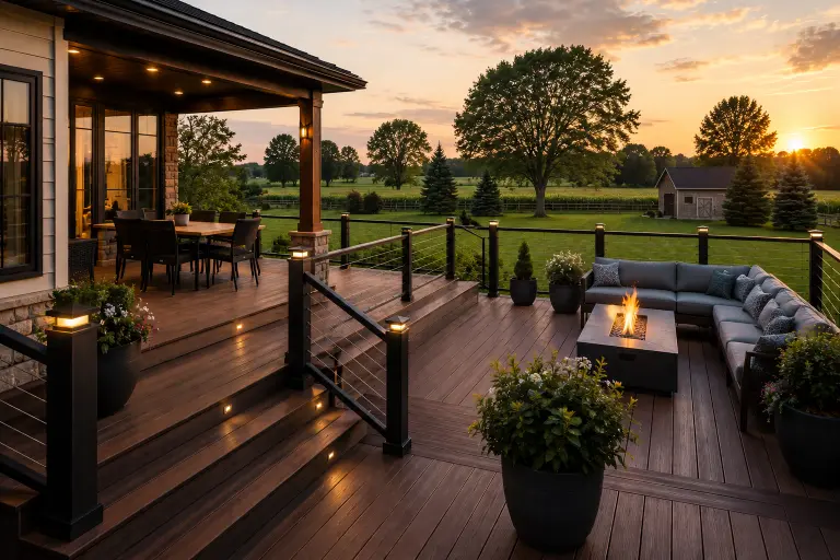 How Much Does a New Deck Cost in Springfield, IL? Modern composite backyard deck with black aluminum railings, outdoor seating, fire table, and covered dining area overlooking a landscaped backyard in Springfield, Illinois.