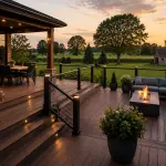 How Much Does a New Deck Cost in Springfield, IL? Modern composite backyard deck with black aluminum railings, outdoor seating, fire table, and covered dining area overlooking a landscaped backyard in Springfield, Illinois.