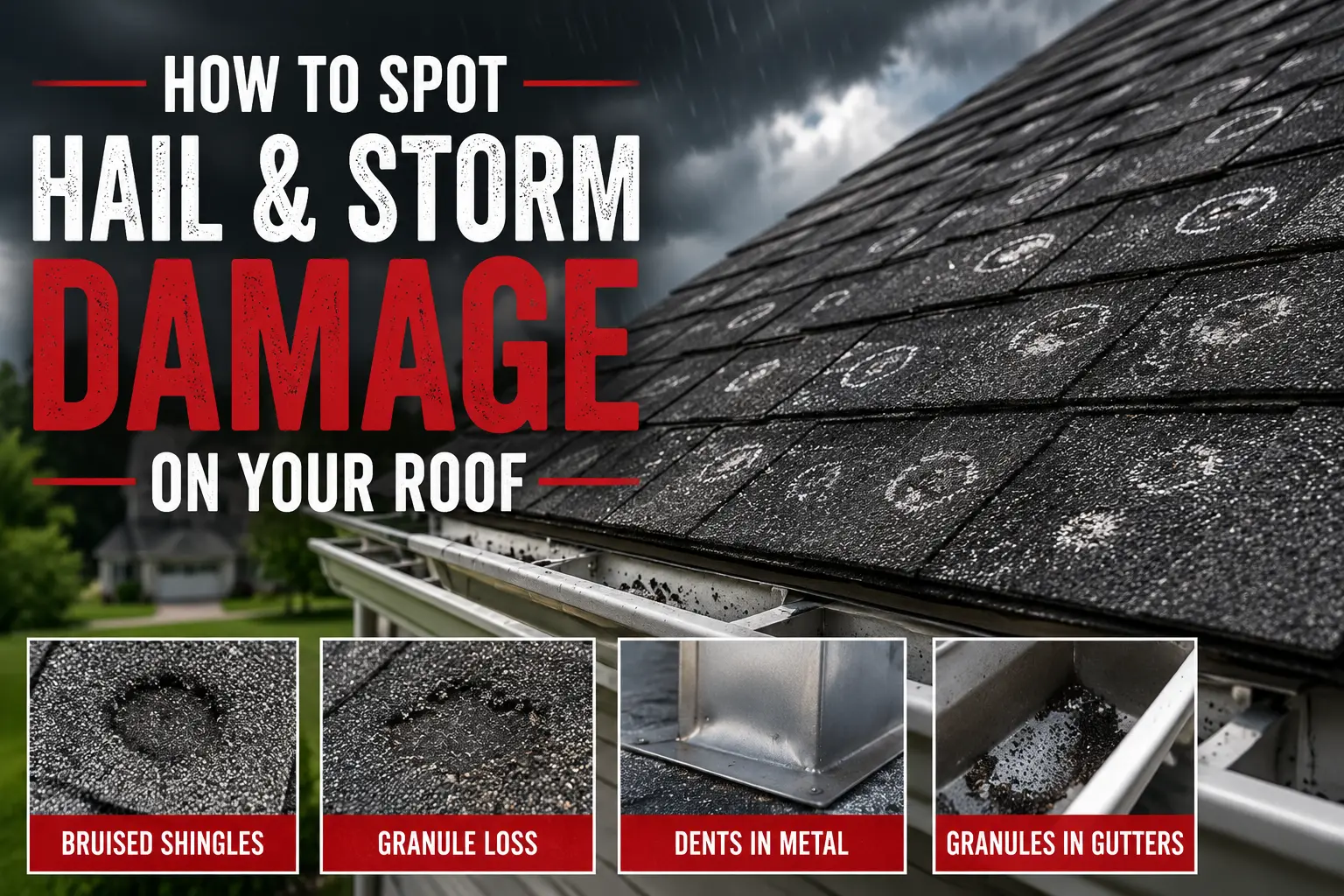 Hail and storm damage on an asphalt shingle roof showing bruised shingles, granule loss, metal dents, and gutter debris