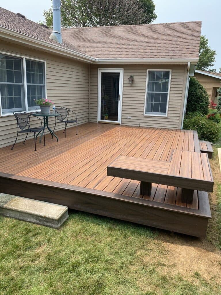 New synthetic deck with a built-in bench installed by Sutton’s in Springfield IL