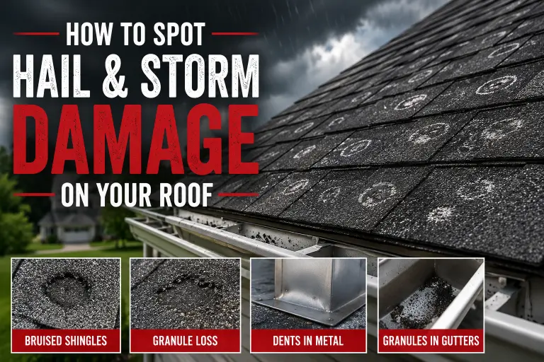 Hail and storm damage on an asphalt shingle roof showing bruised shingles, granule loss, metal dents, and gutter debris