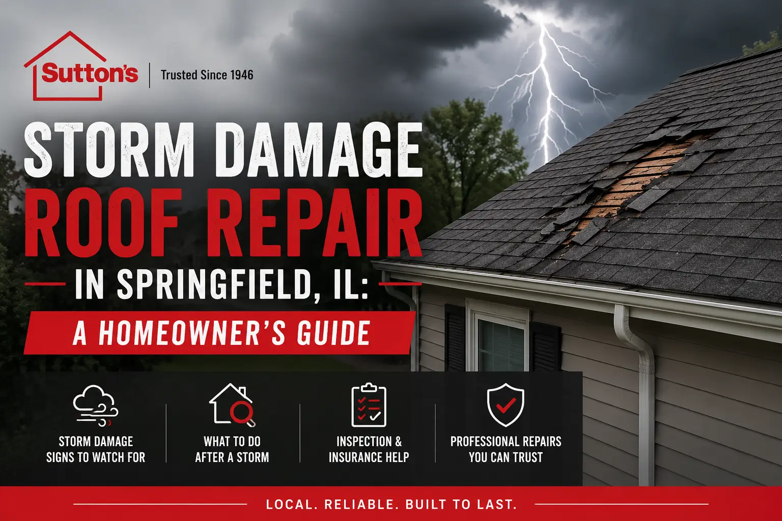Storm-damaged asphalt roof on a Springfield, Illinois home after severe weather