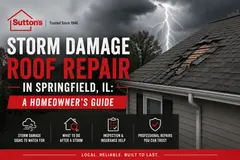 Storm-damaged asphalt roof on a Springfield, Illinois home after severe weather