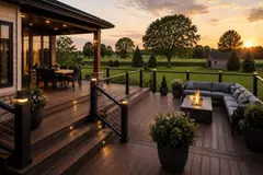 Modern composite backyard deck with black aluminum railings, outdoor seating, fire table, and covered dining area overlooking a landscaped backyard in Springfield, Illinois.