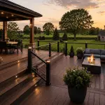 How Much Does a New Deck Cost in Springfield, IL? Modern composite backyard deck with black aluminum railings, outdoor seating, fire table, and covered dining area overlooking a landscaped backyard in Springfield, Illinois.