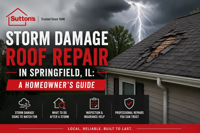 Storm-damaged asphalt roof on a Springfield, Illinois home after severe weather