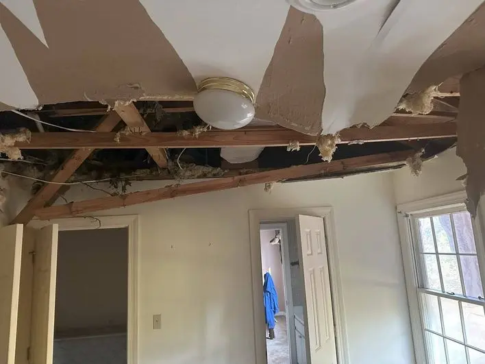 Bedroom ceiling collapsed due to tree through roof | Advanced Restoration SC