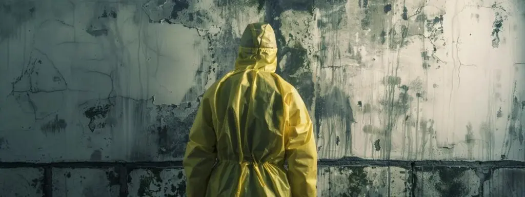 Technician in hazmat suit assessing mold damage on wall during remediation process in South Carolina.