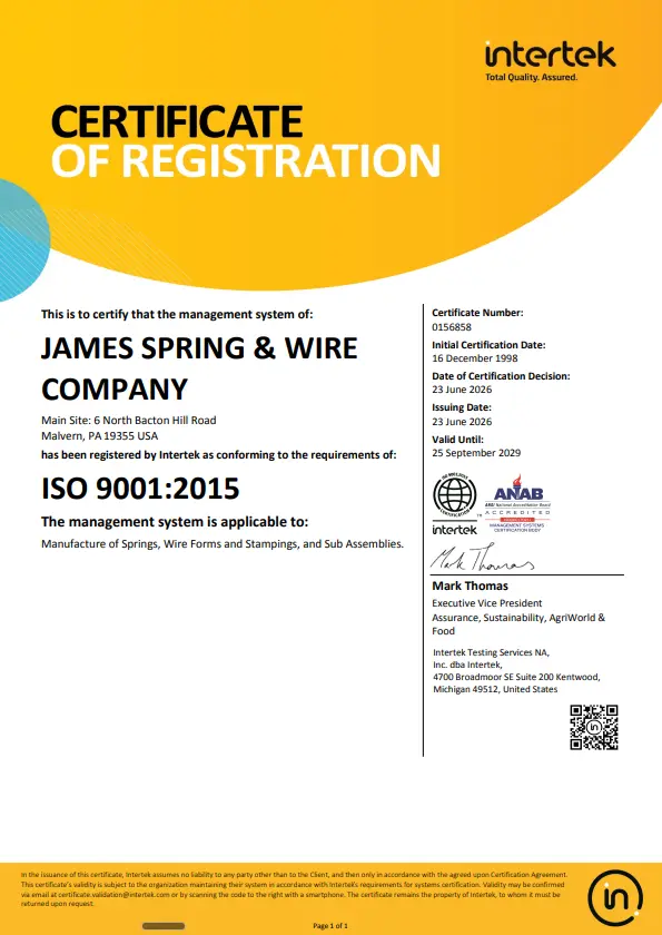 jamesspring-isocert | James Spring and Wire | James Spring and Wire Intertek Certificate of Registration for James Spring & Wire Company, ISO 9001:2015, with logos and details on a yellow header area.