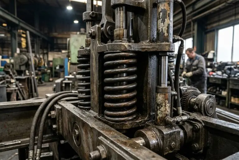 I need an image of Industrial Springs in machinery, realisti | James Spring and Wire Close-up of a heavy metal press with coiled springs in a metal workshop; a worker is blurred in the background.