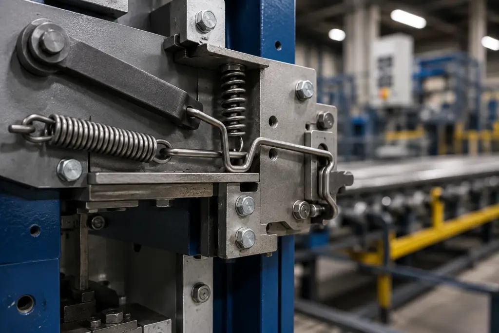 Close-up of a metal stamping press with springs and levers mounted on a blue frame in an industrial factory setting