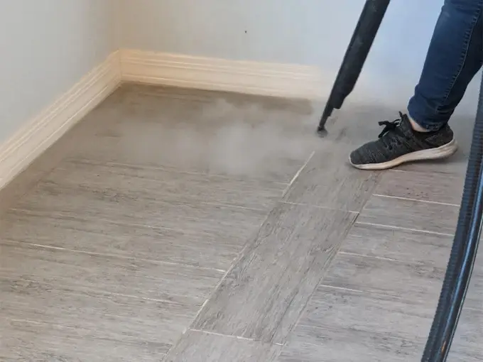 Person using a steam cleaner on wood-look tiles, demonstrating professional tile and grout cleaning in a home setting.