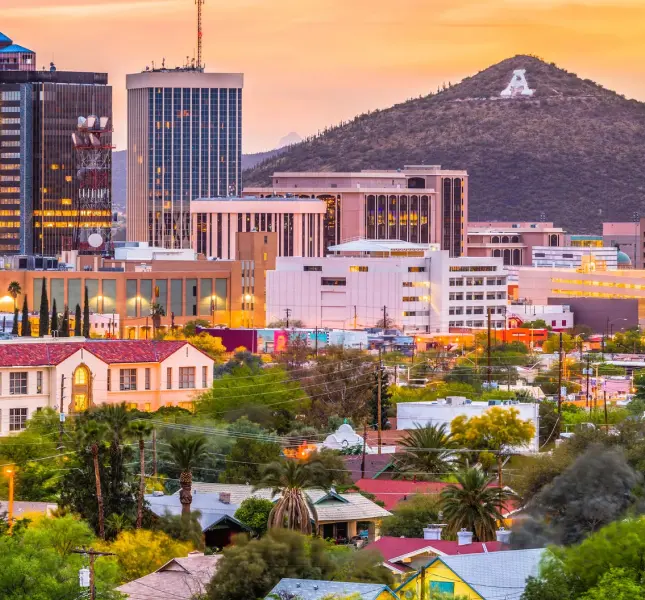 Tucson cityscape showing homes, corporate buildings, and A Mountain