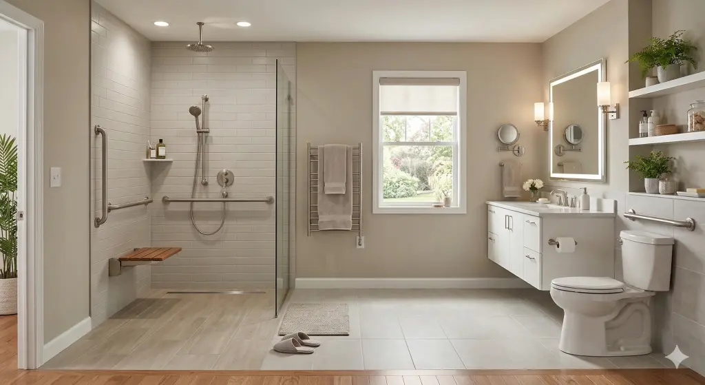 Accessible bathroom remodel that features a curbless walk-in shower, safety grab bars, floating vanity, and modern neutral finishes