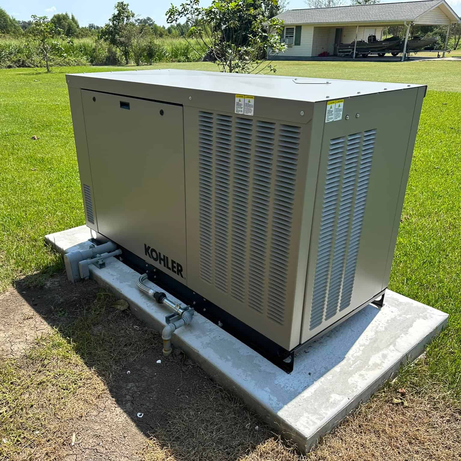 generator install Generator and stand next to tan house