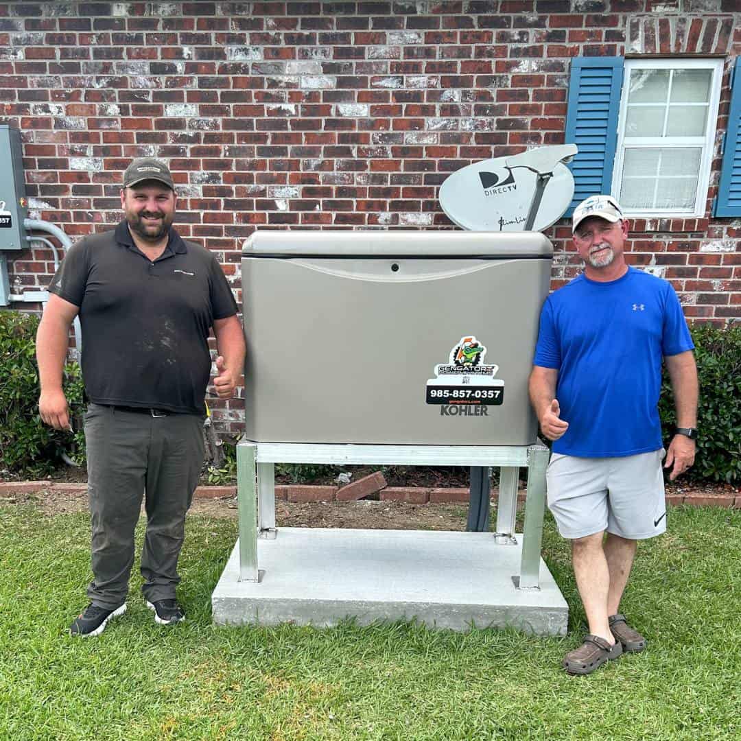 Gonzales generators Happy customer standing next to new generator installation