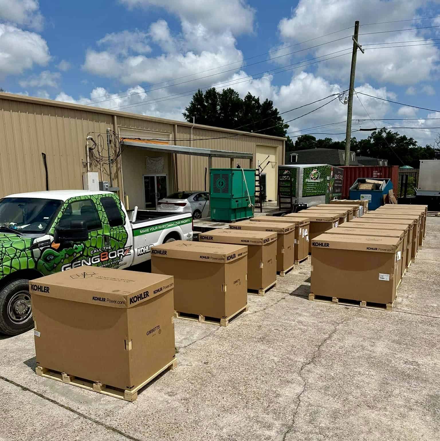 Gengatorz Power Systems 2 backup generators fresh from the factory sitting outside of Gengatorz headquarters