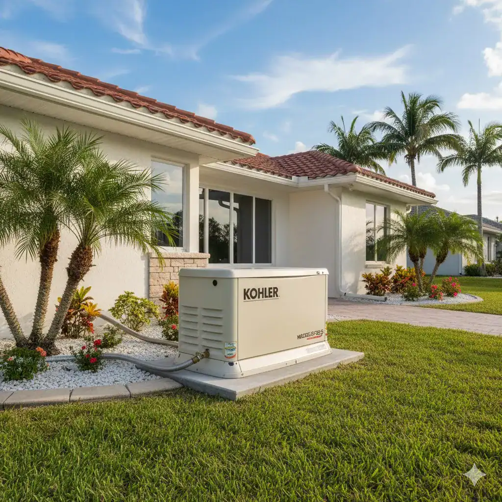 Kohler Home Standby Generator Outdoors Kohler home standby generator installed outside a Florida house