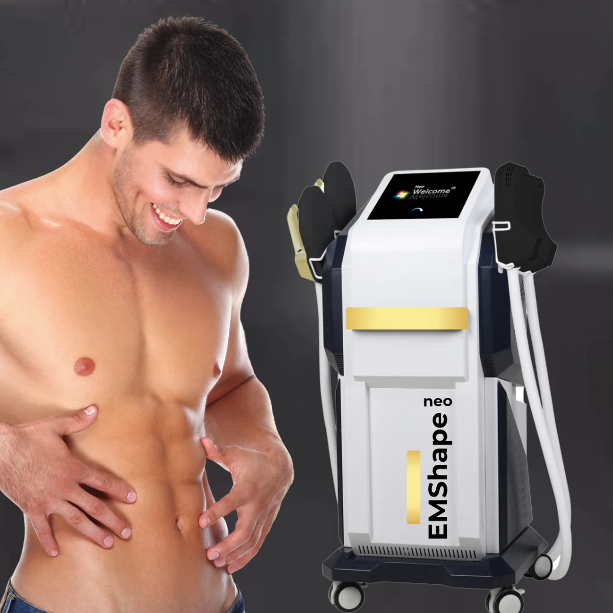 The image shows a man smiling while interacting with an EMShape Neo machine, which is used for body shaping and muscle toning. The machine is positioned next to him, and he appears to be looking at his toned midsection, possibly after using the machine for a treatment.