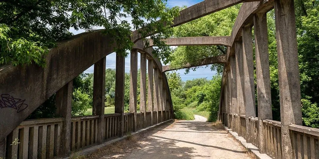 Concrete arch bridge with graffiti over a dirt path in a wooded area. Takeoff-Moving Toronto