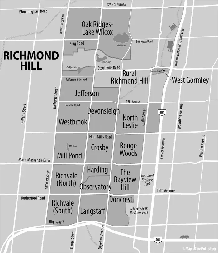 Map of Richmond Hill neighborhoods including Oak Ridges, Lake Wilcox, and Langstaff. Takeoff-Moving Toronto