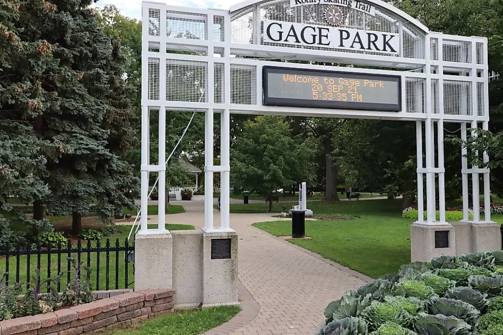 Gage Park entrance archway with welcome sign and digital display Takeoff-Moving Toronto