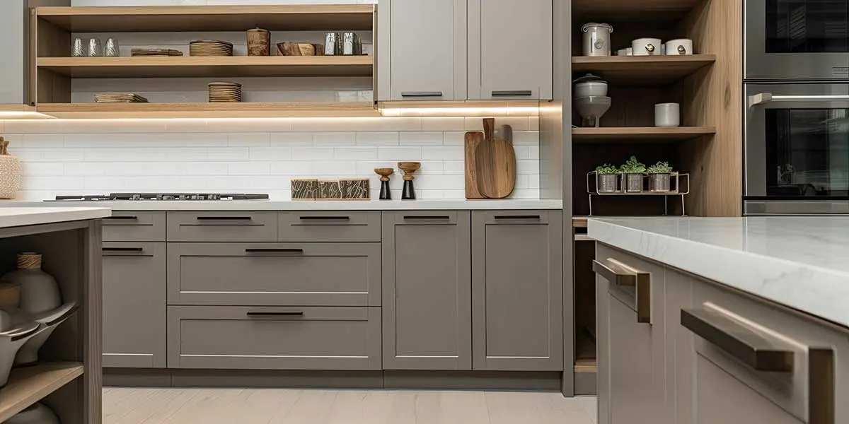 Kitchen Cabinet Installation Timeline Modern grey modern kitchen cabinets with open wood shelving, illustrating a fully completed installation project and timeline for homeowners.