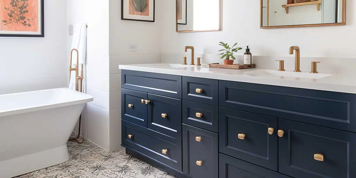 Dark Cabinets Contrast Light Walls Dark blue vanity cabinet with gold handles set against crisp white subway tile walls and a white bathtub in a modern bathroom.