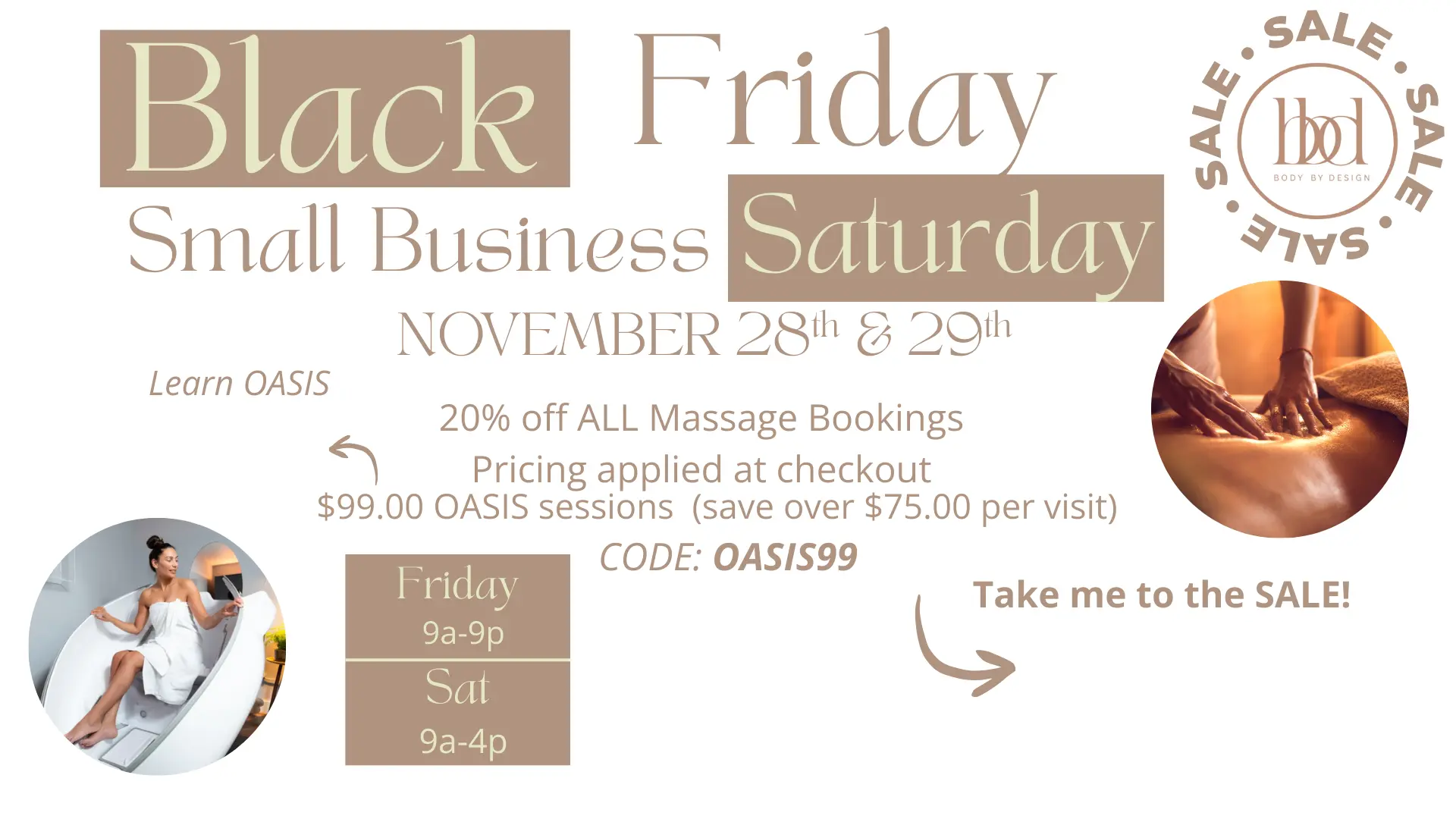 "Promotional graphic for Black Friday and Small Business Saturday on November 28th and 29th, featuring massage discounts and booking details."