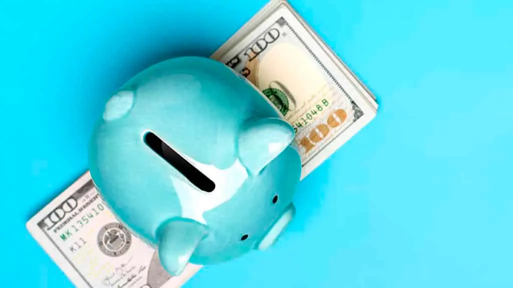 piggy bank, dollars banknote on blue background Buying, sale, investment, banking, loan, insurance concept Flat lay Top view Business and finance.