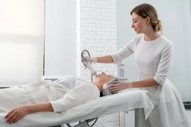 Mature woman receiving ultherapy treatment in modern cosmetology clinic