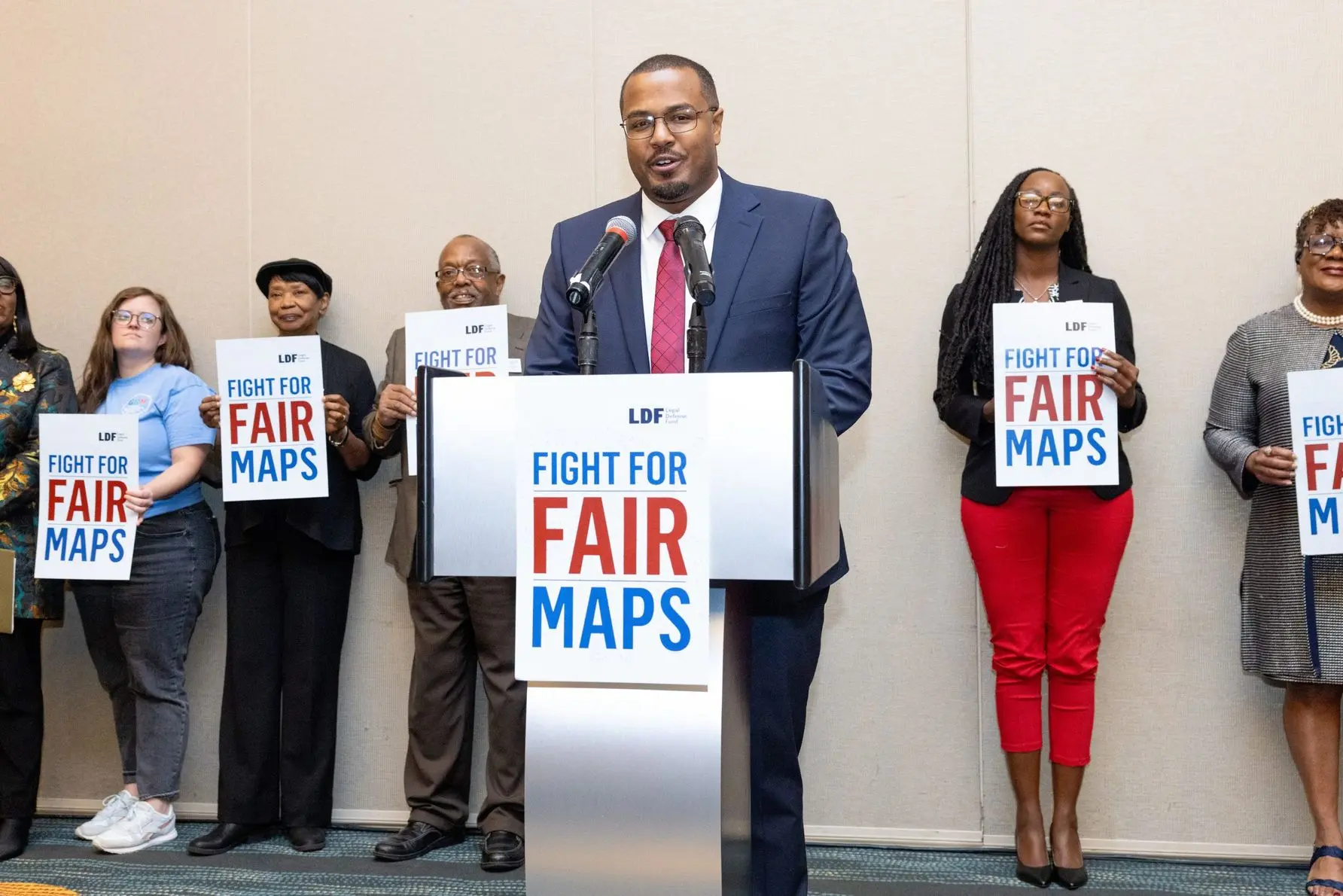 Deuel Ross, LDF Deputy Director of Litigation and oralist in Allen v. Milligan gives remarks at a LDF-hosted press conference after arguments in the case. Photo by Allison Shelley for LDF.