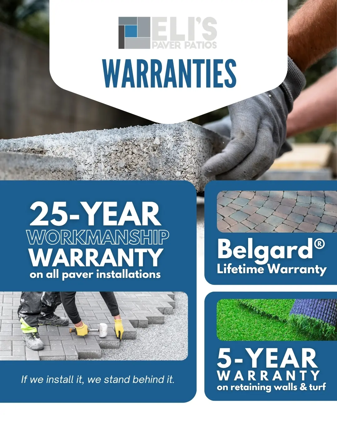 infographic presenting Eli's Paver Patios 25 year, 5 year, and Belgard lifetime warranties on installations