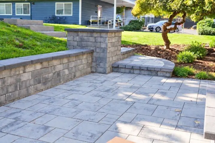 Belgard paver patio, retaining seat wall, and connecting steps